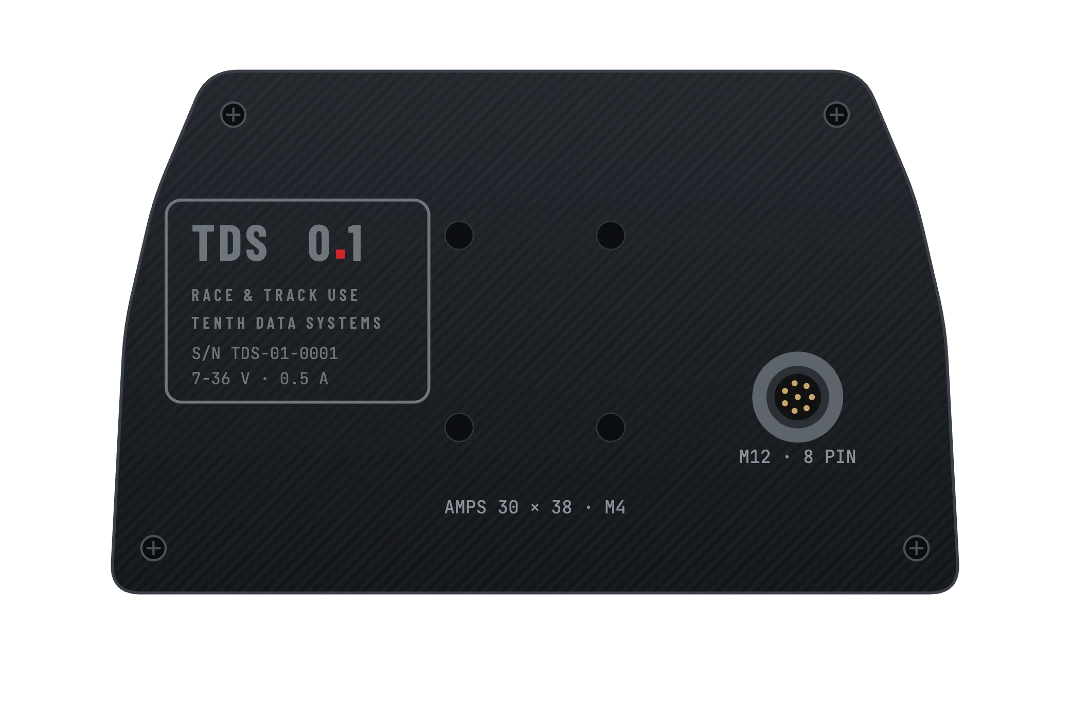Back plate: model plate reading TDS 0.1, Tenth Data Systems, serial number and 7–36 V, an AMPS mount pattern and a single M12 8-pin connector